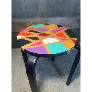 Hand-Painted Side Table Unique Colorful Navy Blue Legs Gold Geometric Boho Retro